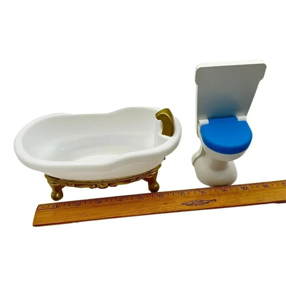KidKraft Doll House Furniture Bathtub Gold Clawfoot Toilet White Gold Blue - Picture 6 of 7